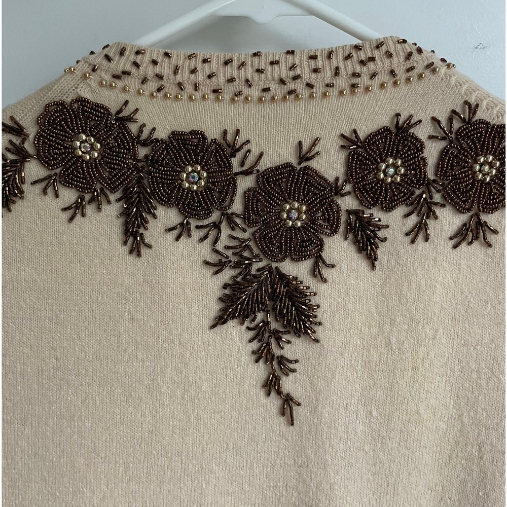 Vtg 1950s Hand Beaded Cardigan Cream Floral Bronze Glass Bead Sweater Lined 40 - Picture 10 of 14